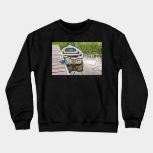 Boat tied to wooden staging on the Norfolk Broads Crewneck Sweatshirt